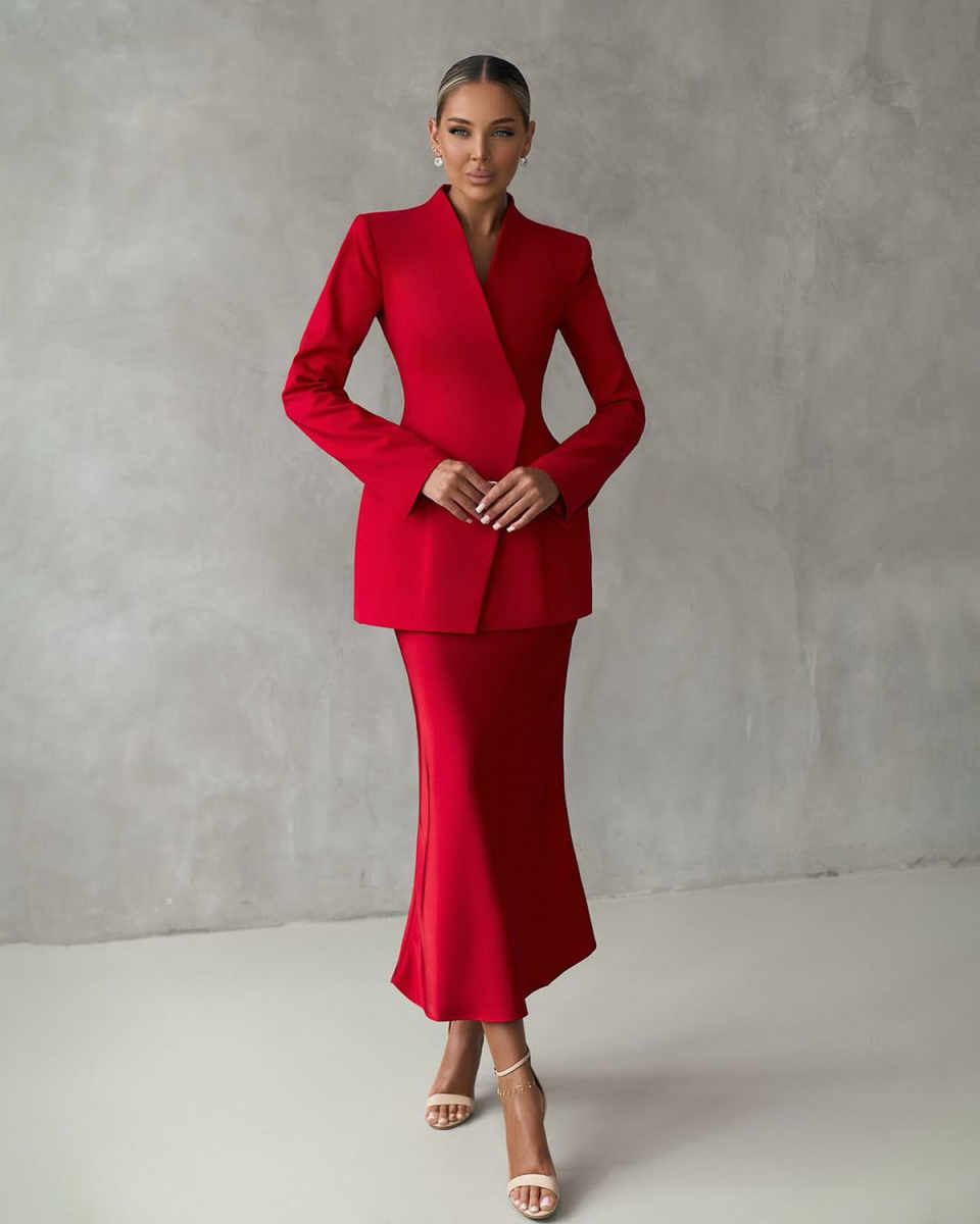 Red Wedding Women Blazer Dress 2 Pieces Sexy V Neck Jacket Skirts Coat Formal Office Lady Guest Prom Customized