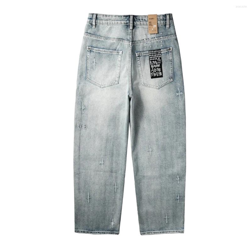 Men's Jeans 90s High-Street Reloaded! Ksub Ripped Embroidered Lettering & High-Rise Button Durable Denim