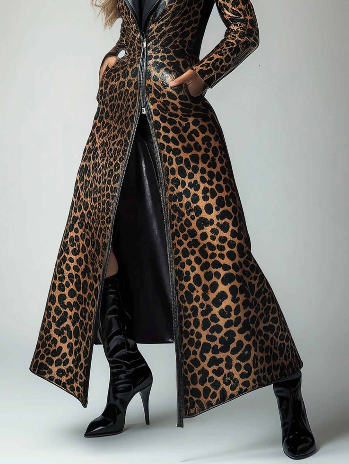 PU Leather Leopard Pattern Zipper Pocket Trench Coat 250822