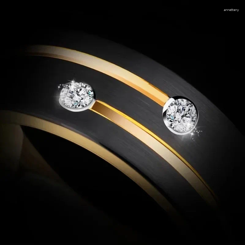Cluster Rings Luxury 8mm Black Stainless Steel Gold-Color Ring With Crystal For Men's Wedding Band Engagement Party Jewelry Gift