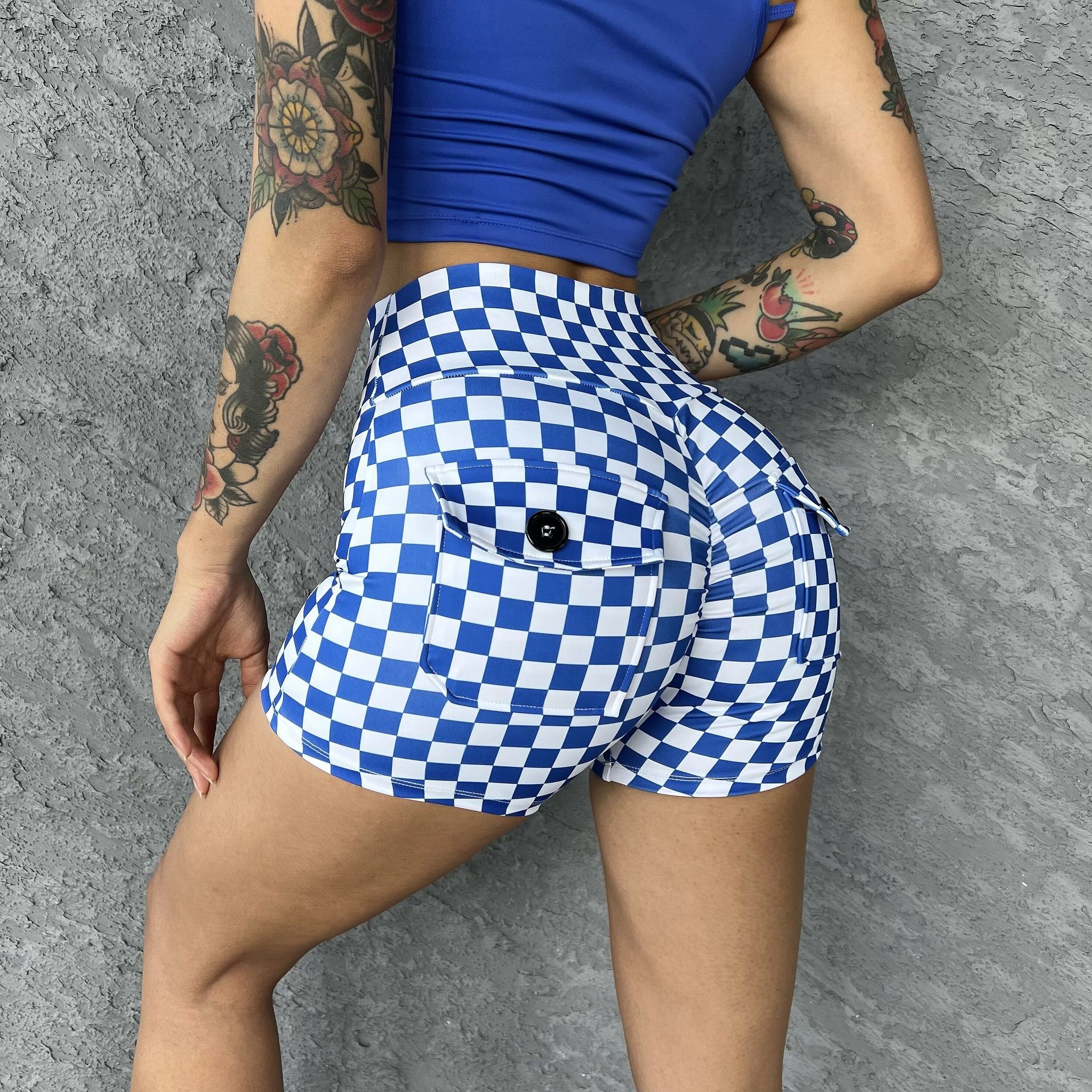 Wholesale Yoga Shorts Fitness Legging Plaid Pants High Waist Tight Running Shorts Complete styles and good quality