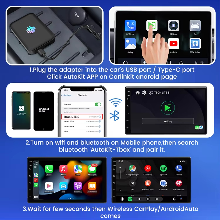 Kowankit Wireless Carplay Android Auto AI Box, Plug & Play Fits Cars,3in1 4 + 32 GB Android 9 RK-A53 Chip HD 5G Car Play Adapter, USB-Powered, No Dela