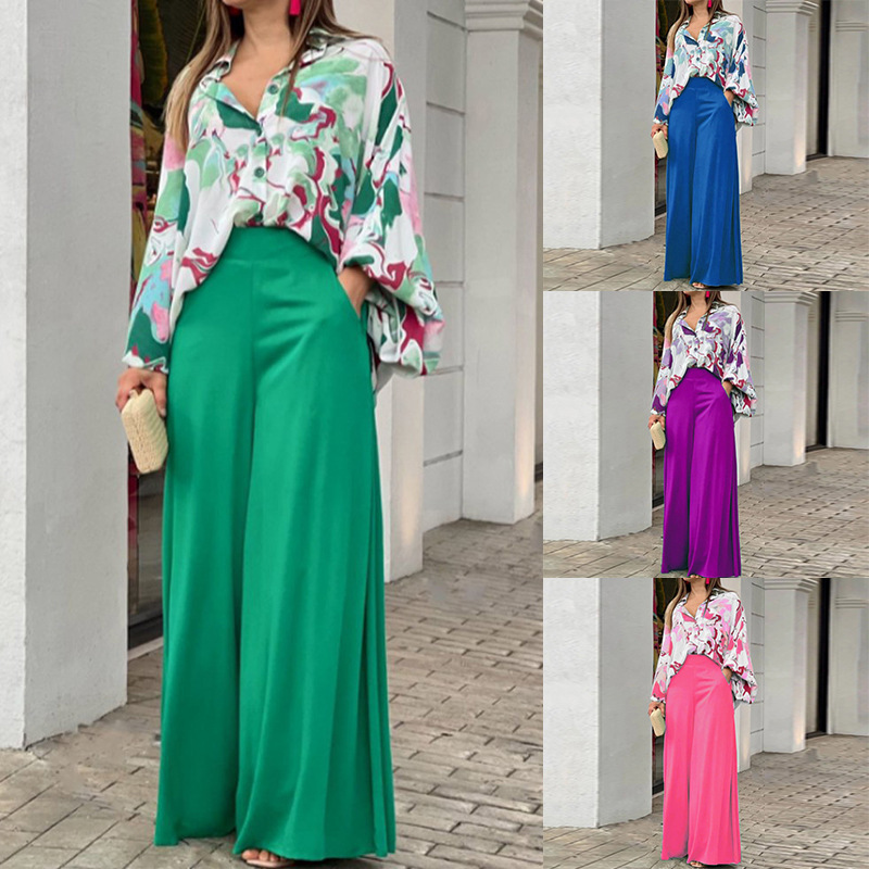 Fashion Print Set Women Casual Long Sleeve Button Shirt+Pockets High Waist Wide Leg Pants Office 2 Piece Sets Lady R250822