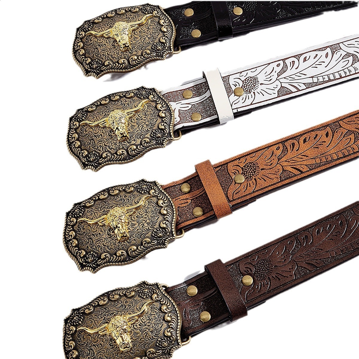 Mens Western Embossed Genuine Leather Belts with Golden Cowboy Longhorn Bull Buckle Belt Business Waist Straps For Men Droping 250701