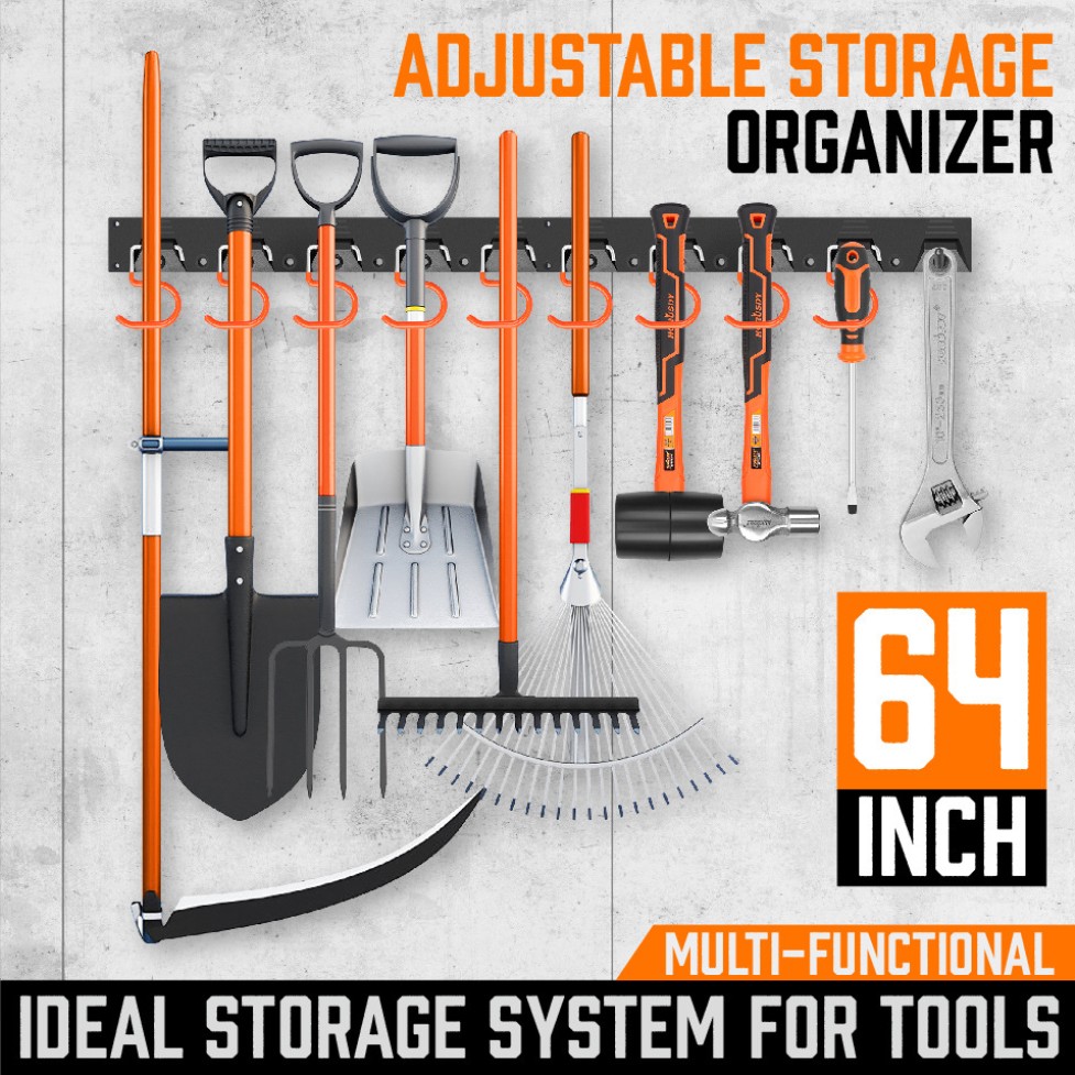 64-inch adjustable storage hook, wall-mounted tool organizer, mop and broom rack, shovel tool hanger, rake, broom, mop rack, etc.
