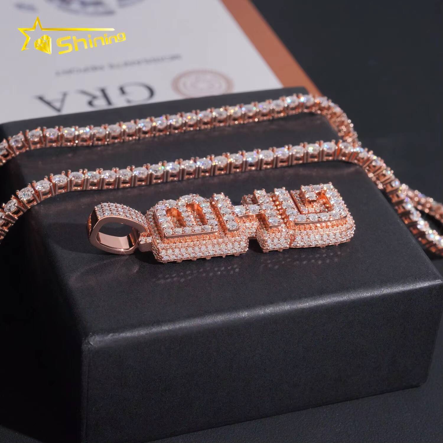 Moissanite Bling Jewelry 925 Sterling Silver Rose Gold Vertical Letter Hip Hop Custom Moissanite Pendant for Tennis Chain