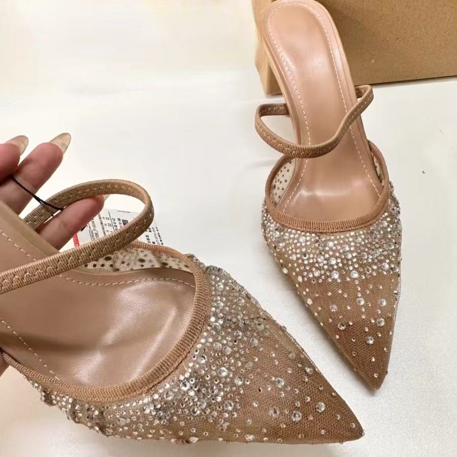 Nude Summer Wens New Sandals Rhinestone Bright Mesh High H Footwear Elegant Slingback Pointed Slip Hot On Party Lady Pumps Shoes Z250121