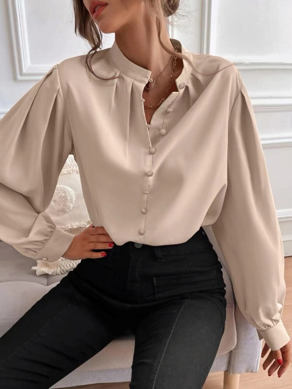 2025 spring and autumn European and American new elegant solid color lapel long-sleeved single-row button loose women's blouse shirt women