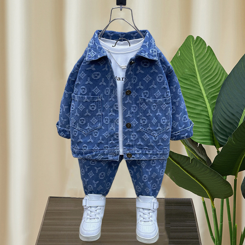Blue kids Denim Ensemble All Over Patterned Jacket Matching Pants Crisp White Inner Shirt for Little Fashionistas Designer Clothing Sets For Children gift 2025s
