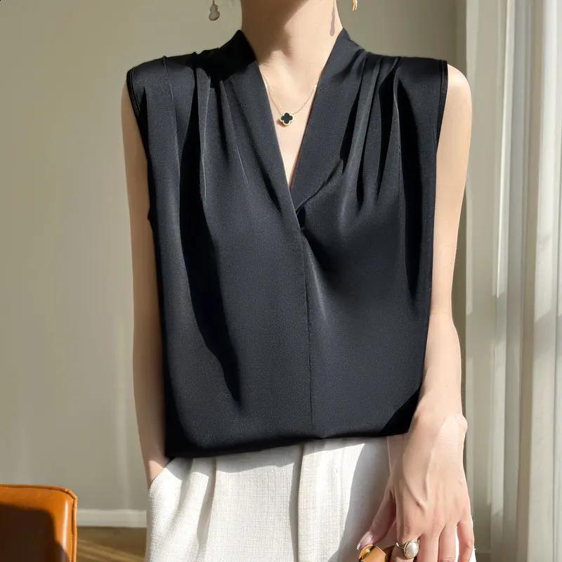Womens Tops Blouses Solid Color White Satin Blouse Office Shirt Blusas Sleeveless Women Shirts Black White Female YTM A31250821