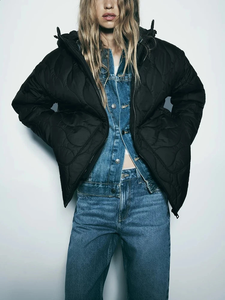 TRAF Womens Hooded Jacket Autumn and Winter Zipper Long Sleeve Warm Solid Color Cotton Clothing Fashionable Tops 250911