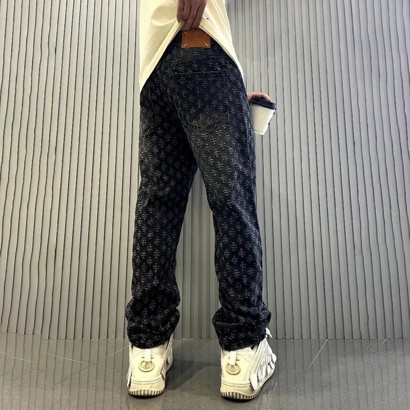 Jacquard Pattern Denim Pants Male Straight Fitting Baggy Bottoms Distressed Wide Jeans For Men 250821