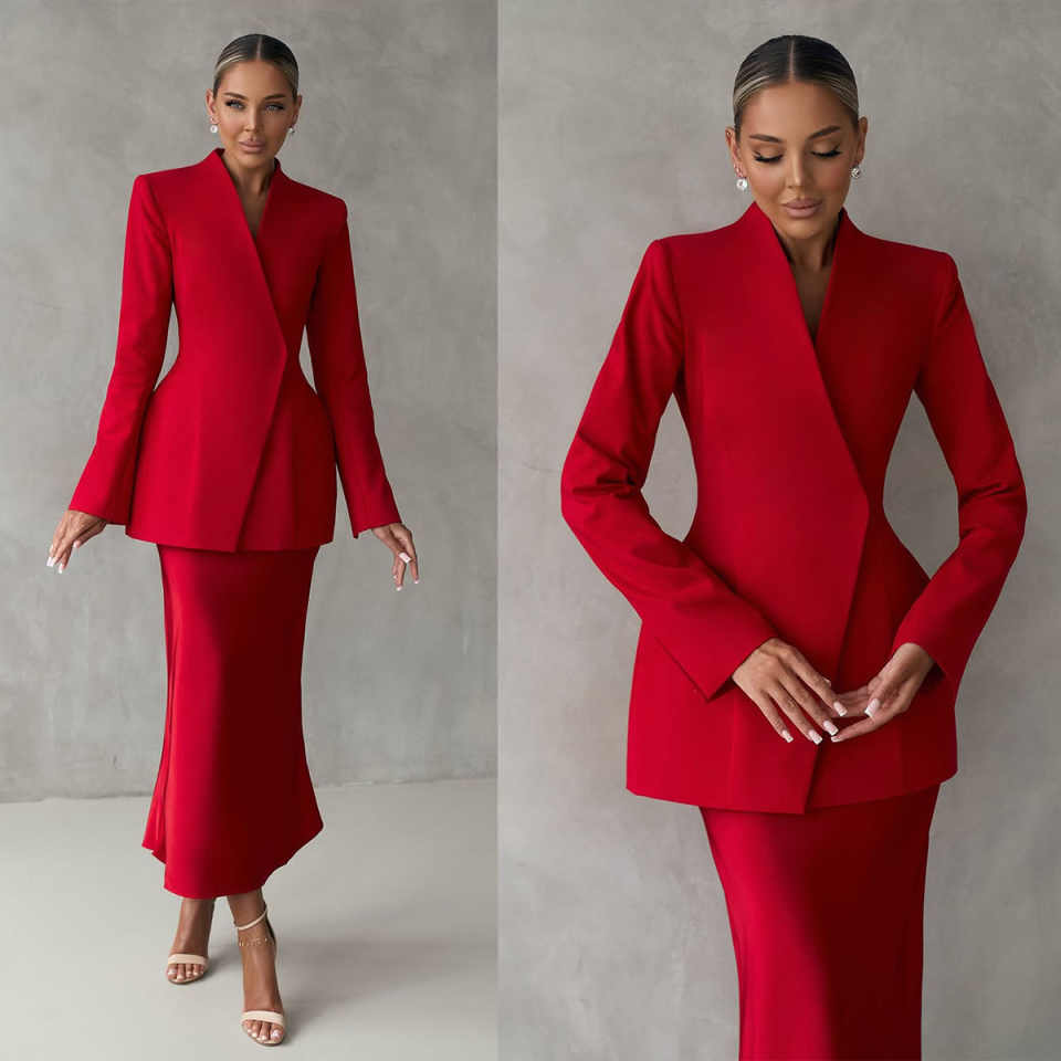 Red Wedding Women Blazer Dress 2 Pieces Sexy V Neck Jacket Skirts Coat Formal Office Lady Guest Prom Customized