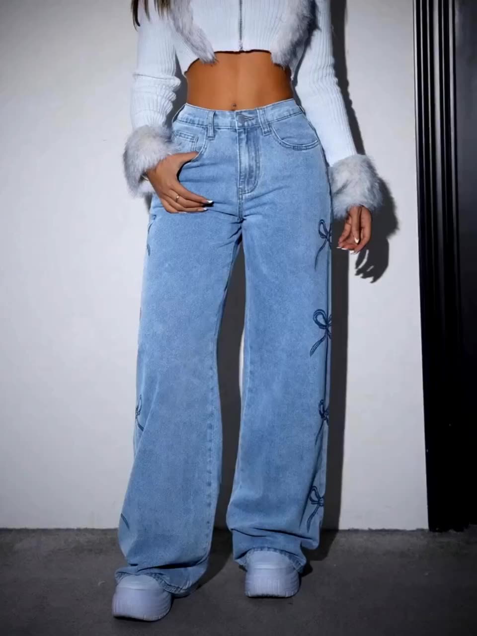 Rockmore Fashion All-match Printed Jeans Y2k Aesthetic Denim Long Trousers Vintage High Street Loose Hip Hop Wide-leg Pants 240806
