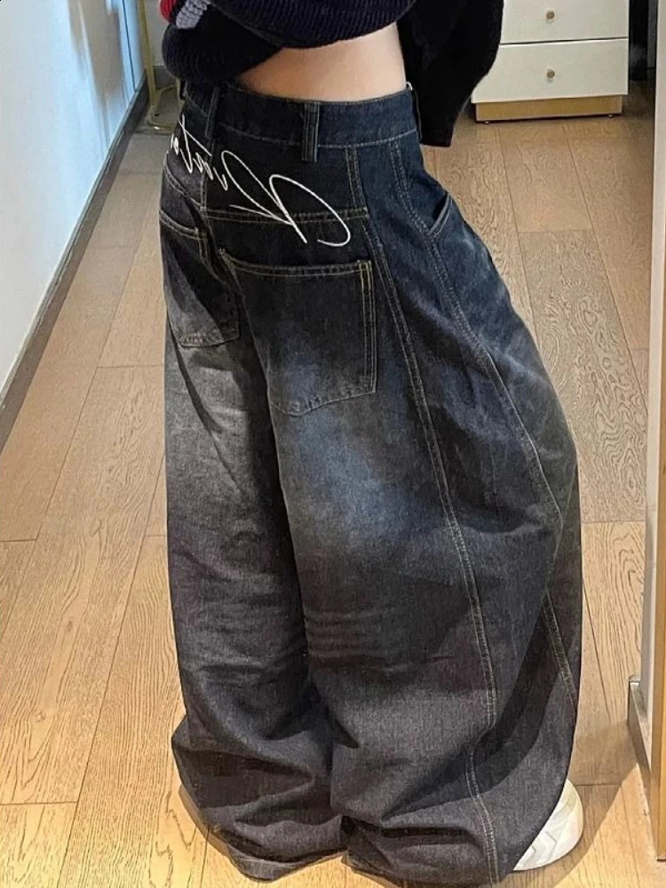 HOUZHOU Vintage Gothic Jeans Women Y2k Harajuku Oversized Letter Wide Leg Denim Trousers Grunge Hip Hop Punk Baggy Street 250911