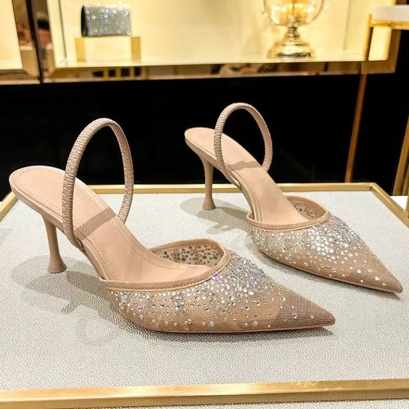 Nude Summer Wens New Sandals Rhinestone Bright Mesh High H Footwear Elegant Slingback Pointed Slip Hot On Party Lady Pumps Shoes Z250121