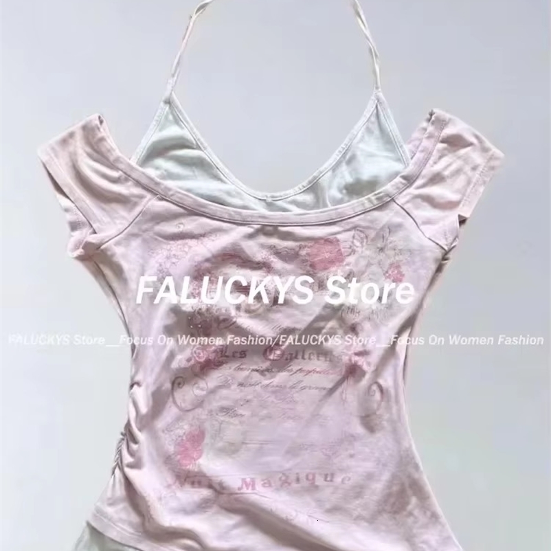 Y2K Retro Street Print T-shirt Fashion Streetwear Halter Neck Fake Two Piece Harajuku Summer Casual T-Shirt Women Clothes 250822