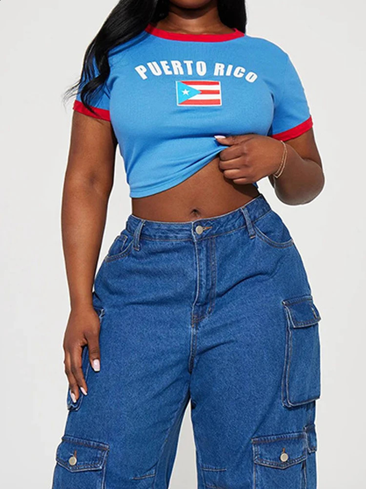 Aesthetic Puerto Rico Flag Full Letter Printed T-shirt Color Comparison Fashion Retro Short Sleeve Summer Y2K Clothing 250822