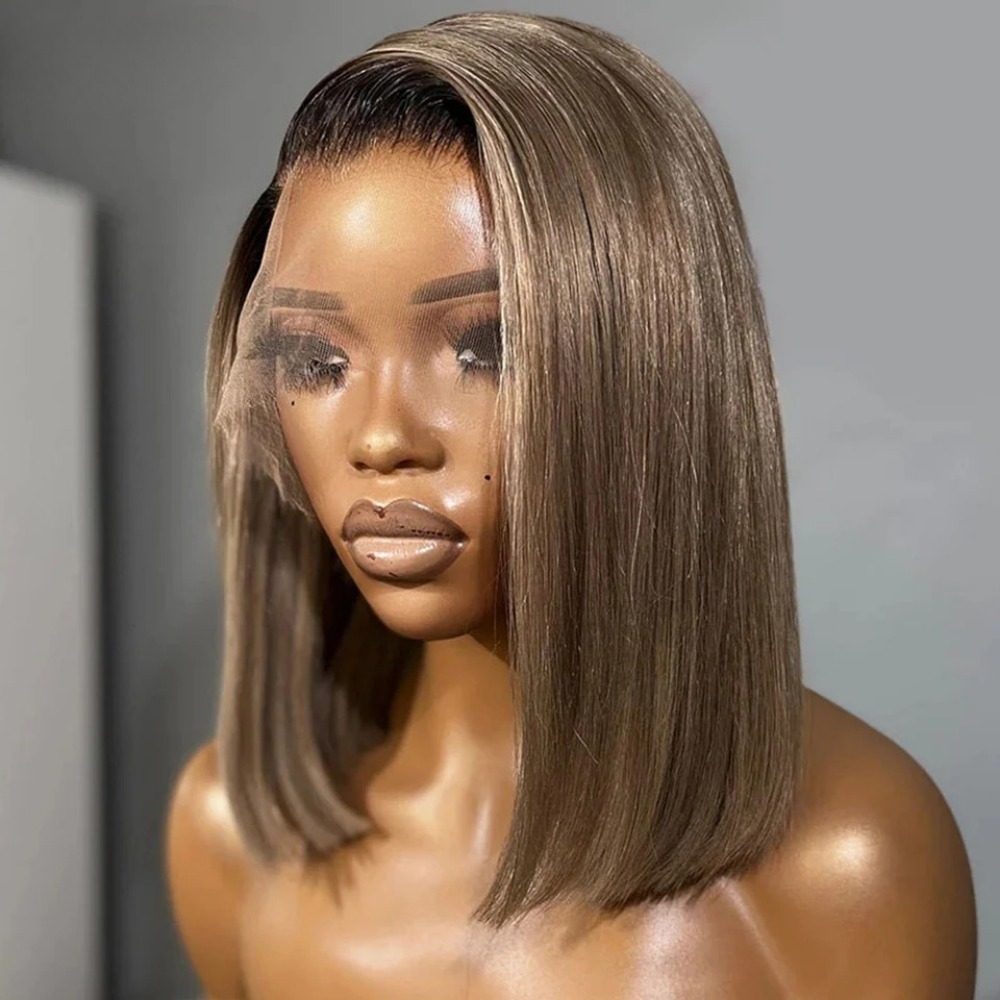 Ombre Ash Blonde With Brown Roots Colored Short Bob Wig 13x4 Lace Front Wig 180% Density Straight Lace Frontal Wig Human Hair Ready To Wear For Black 