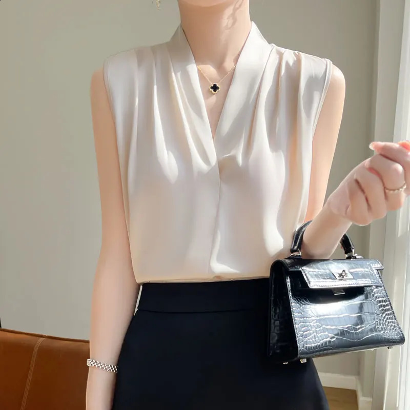 Womens Tops Blouses Solid Color White Satin Blouse Office Shirt Blusas Sleeveless Women Shirts Black White Female YTM A31250821