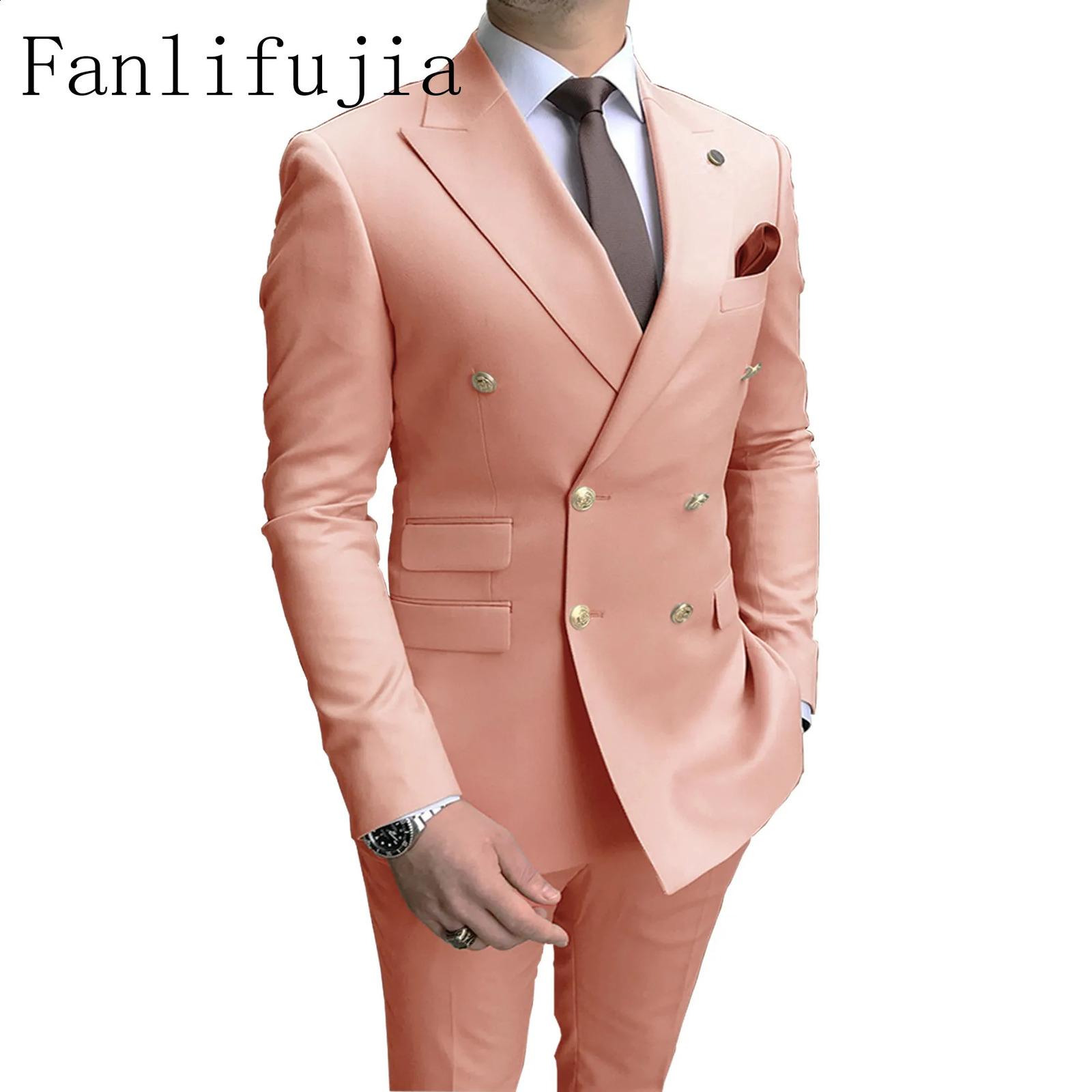 Fanlifujia Store 2024 Casual Sky Blue Men Suits Double Brested Lapel Gold Button Groom Wedding Tuxedos Costume Homme 250821