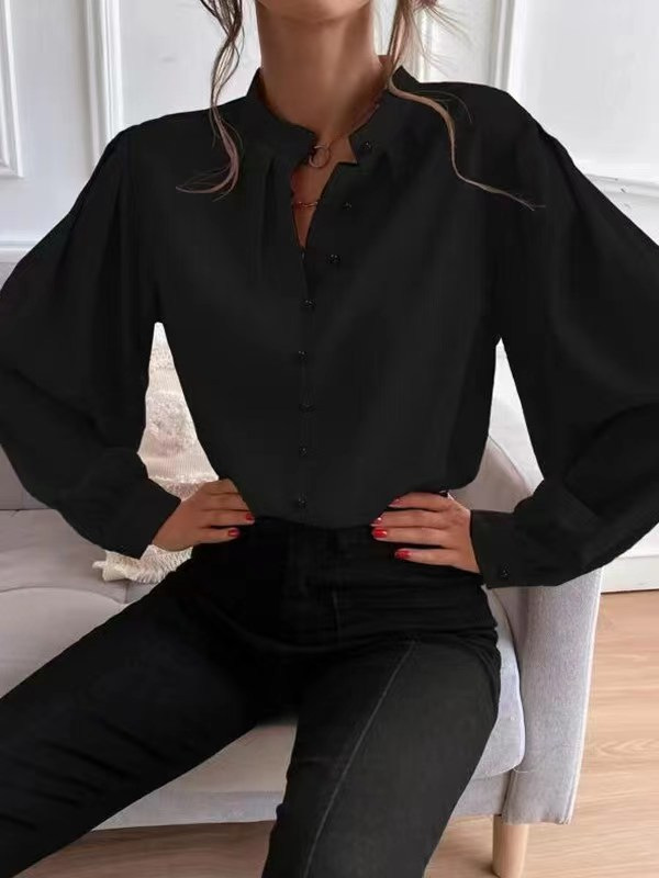 2025 spring and autumn European and American new elegant solid color lapel long-sleeved single-row button loose women's blouse shirt women