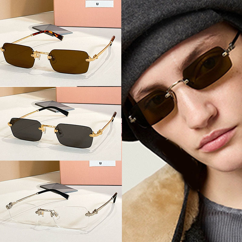 Luxury Metal Rectangle Eyewear SMUB50 Womens Collection Sunglasses Retro Brown Frameless Lenses UV400 Essential Sunglasses For Travel Driving