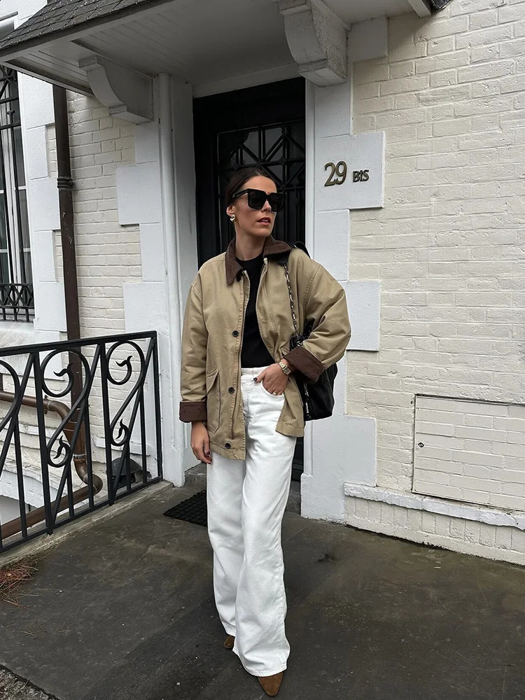 TRAF Womens Patchwork Bump Colour n Single Breasted Lapel Jacket Casual Retro Style Long Sleeve Warm Cotton 250911