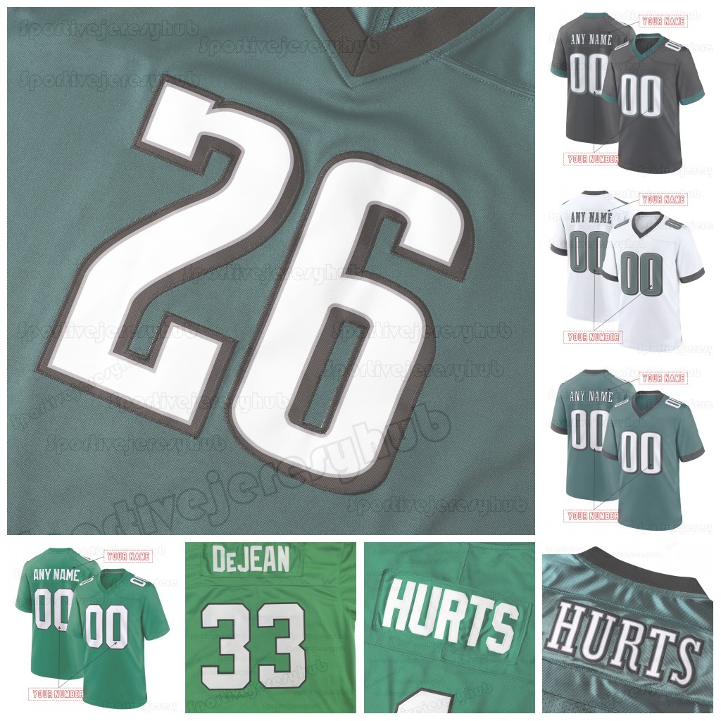 26 Saquon Barkley Green Football Jersey 33 Cooper DeJean Jalen Hurts Brown Smith Custom Embroidered Letter Number Design