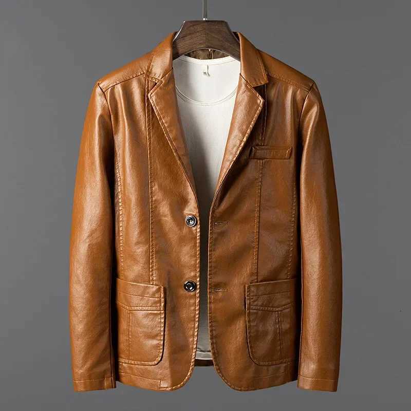 PU Leather Jackets Men Slim Fit Full Sleeve Coats Single Breasted Spliced Turn Down Collar Jacket Punk Mens Casual Autumn X250822