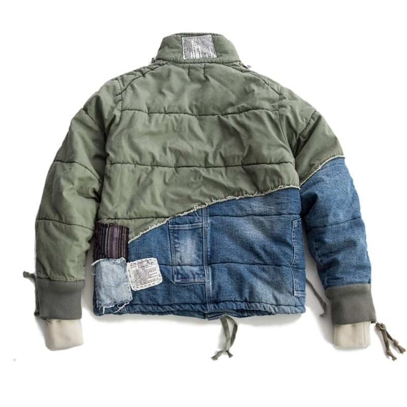 ABOORUN Mens Hi Street Hole Patchwork Denim Jacket Streetwear Thick Down Cotton Jean Coat for Male 250821