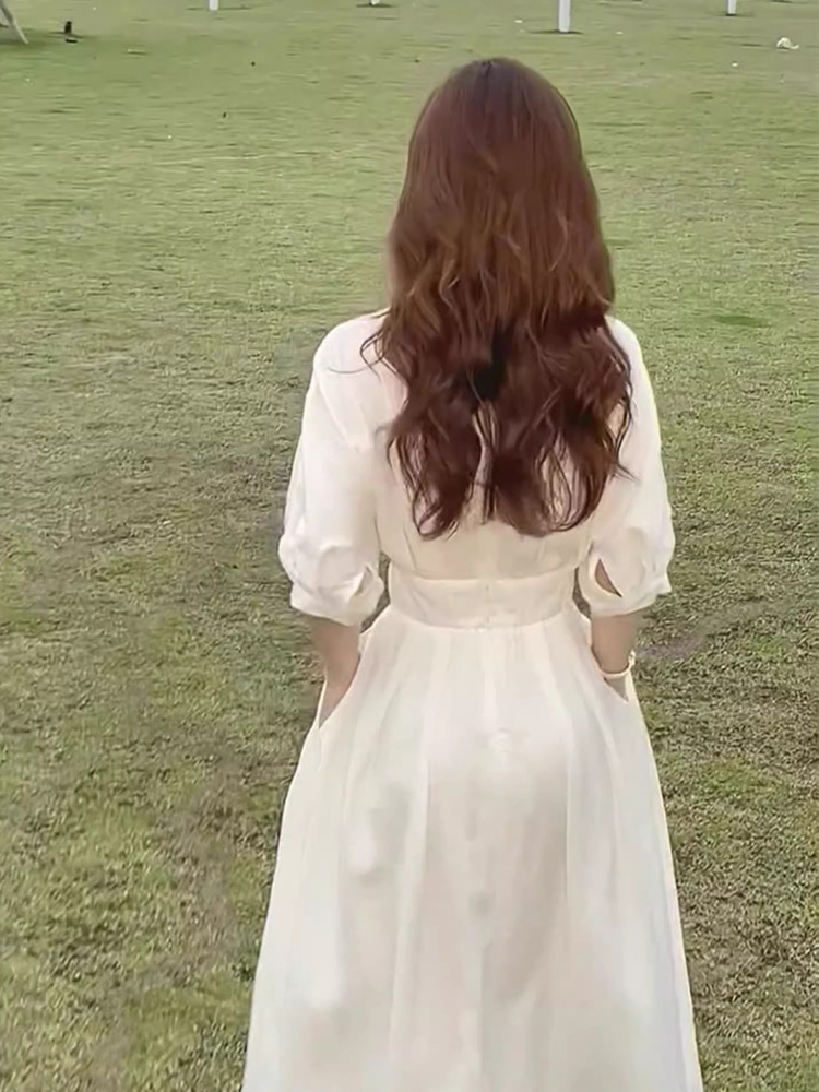 White dress 2025 new V-neck women's summer temperament simple style pure white five quarter sleeve dress breathable high-end retro dress free shi