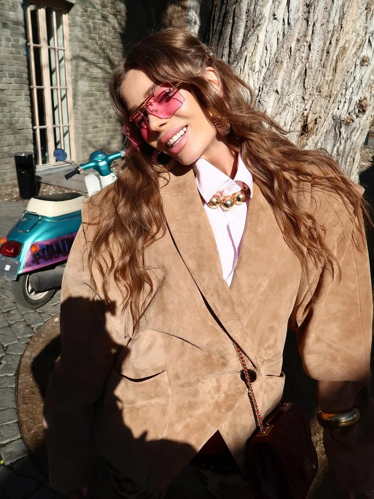 Vintage Oversized Suede Leather Jacket Womens Fashion Shoulder Pad Full Sleeve One Button Coat Lady Chic Bomber Streetwear 250822