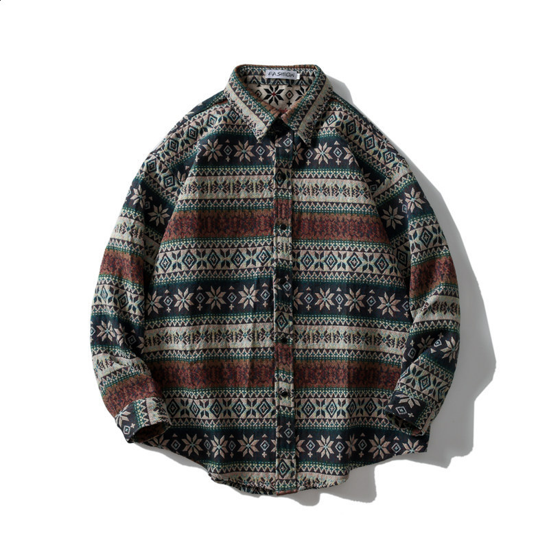 GONTHWID Knitted Shirt Harajuku Geometric Ethnic Style Flower Button Shirt Street Clothing Hip Hop Casual Long Sleeve Top Coat 240814