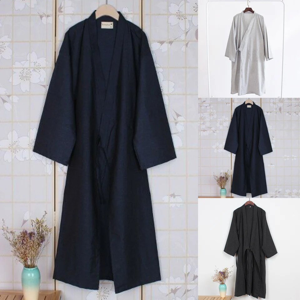 Fashion Japanese Style Kimono Robe Solid Color Lace Up Long Bathrobe Pajamas Belt Cotton Home Pijama Robes Clothing For Men 250822