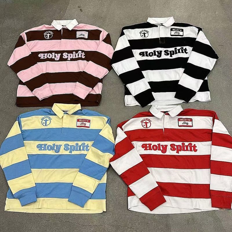 Striped Retro Polo Shirt Y2K Shirt Mens Womens Harajuku Hip Hop Letter Embroidery Striped Sweatshirt Casual Long Sleeve Tops 250822