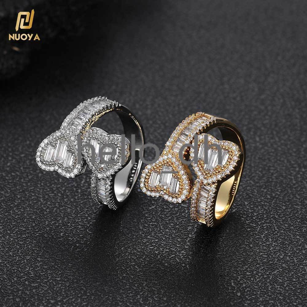 High Quality Iced Out Baguette moissanite Heart Shape Diamond Ring Double Heart Open Finger Ring