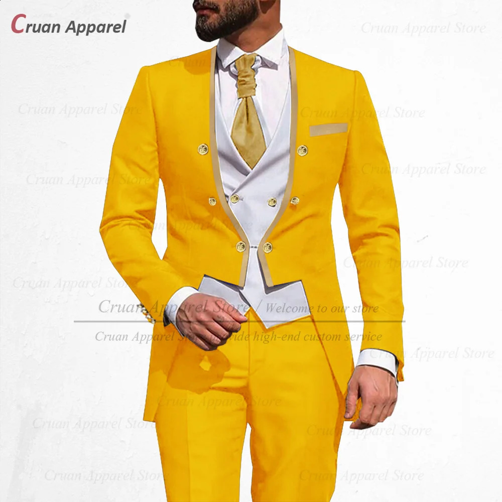 Latest Royal Blue Suit Men 3Pcs Slim Fit Wedding Man Groom Tuxedo Double Breasted Gold Trim Jacket Vest Pants Set Tailcoat 250822