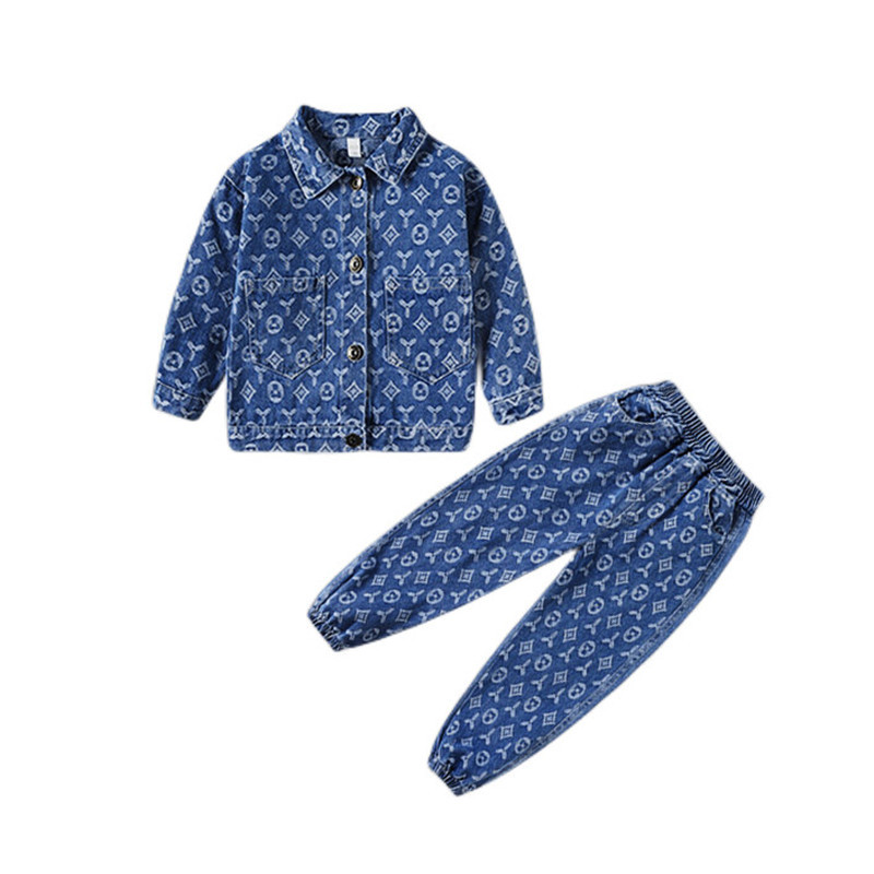 Blue kids Denim Ensemble All Over Patterned Jacket Matching Pants Crisp White Inner Shirt for Little Fashionistas Designer Clothing Sets For Children 