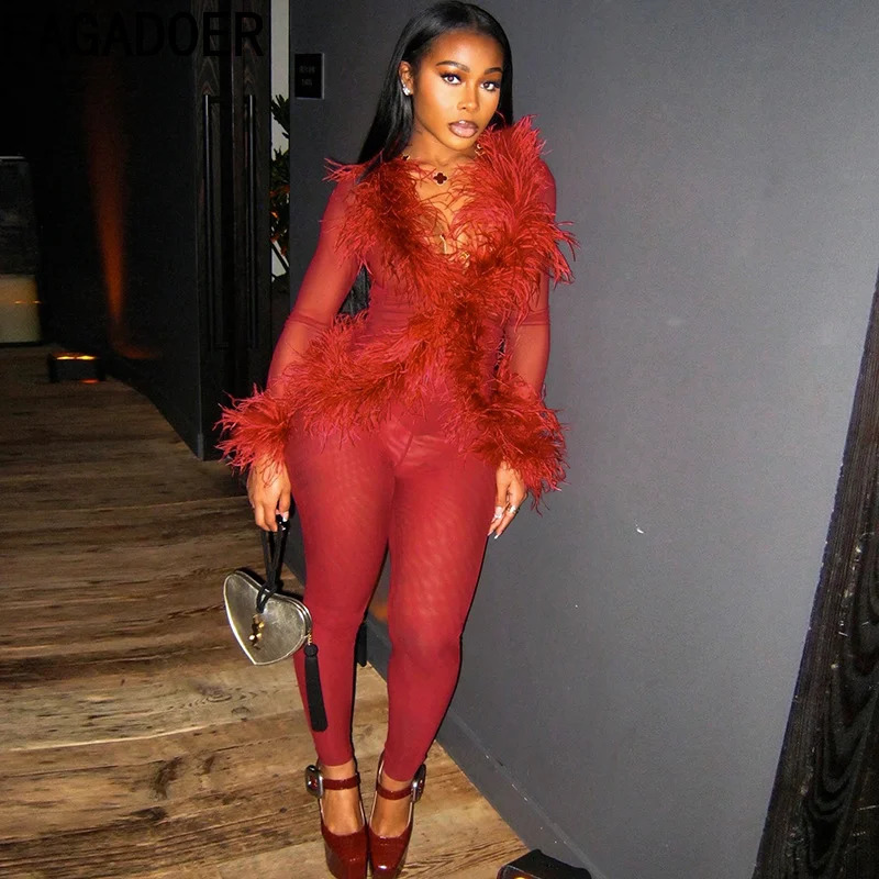 FAGADOER Sexy Mesh Fur Patchwork 2 Pieces Set for Woman Hollow Long Sleeves Tops Leggings Matching Suit Female Party Clubwear 250822