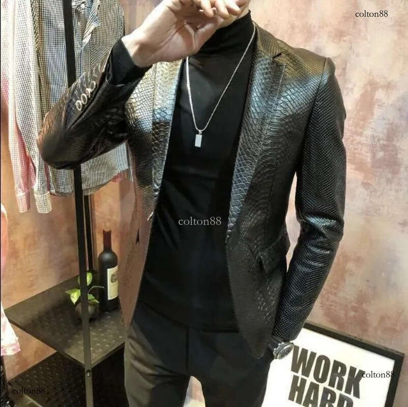 Men's Leather Faux Leather Mens Real Leather Crocodile Pattern Blazer Jacket Slim Fit Casual Coat Plus Size Black 2024 Outwear S25144