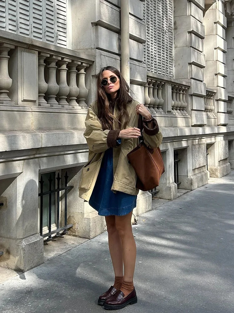 TRAF Womens Patchwork Bump Colour n Single Breasted Lapel Jacket Casual Retro Style Long Sleeve Warm Cotton 250911