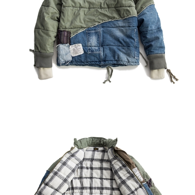 ABOORUN Mens Hi Street Hole Patchwork Denim Jacket Streetwear Thick Down Cotton Jean Coat for Male 250821