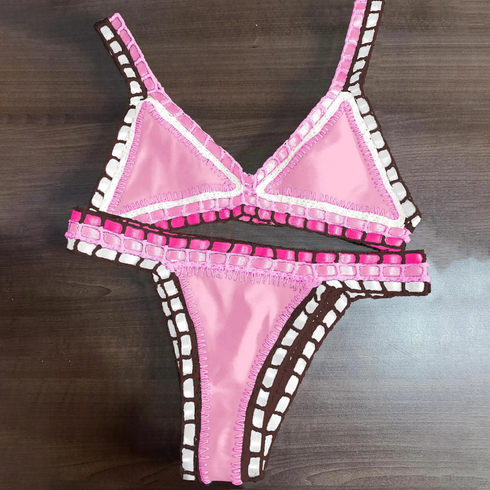 Pink Crochet Bikini 2025 Sexy Women Swimsuit Female Swimwear Micro Set Bandeau Swimming Suit Beachwear Brazilian Biquini 250821