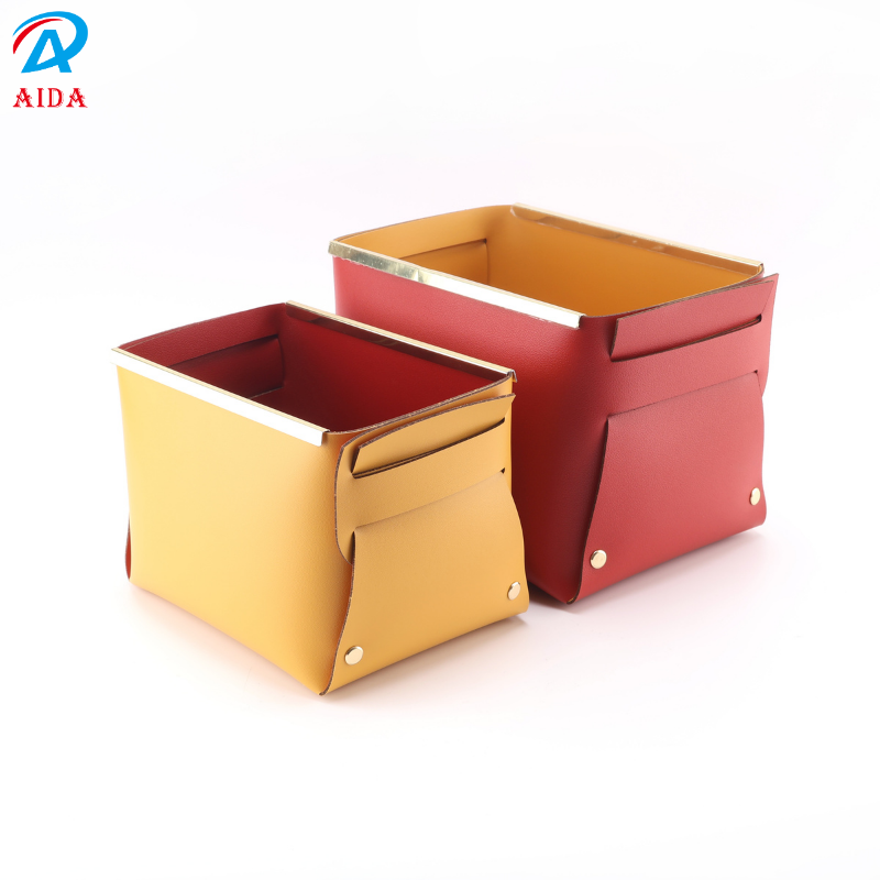 Large Volume Pu Leather Folding Organizer Baskets With Elegant Gold Border For Cosmetics And Clutter 210*150*160mm
