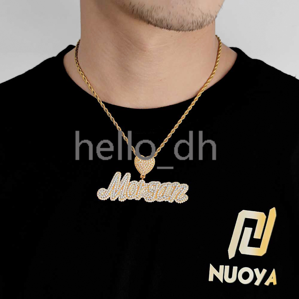 Personalized Custom Letter Pendant Necklace Rose Gold Iced Out moissanite Heart Hook Cursive Name Necklace
