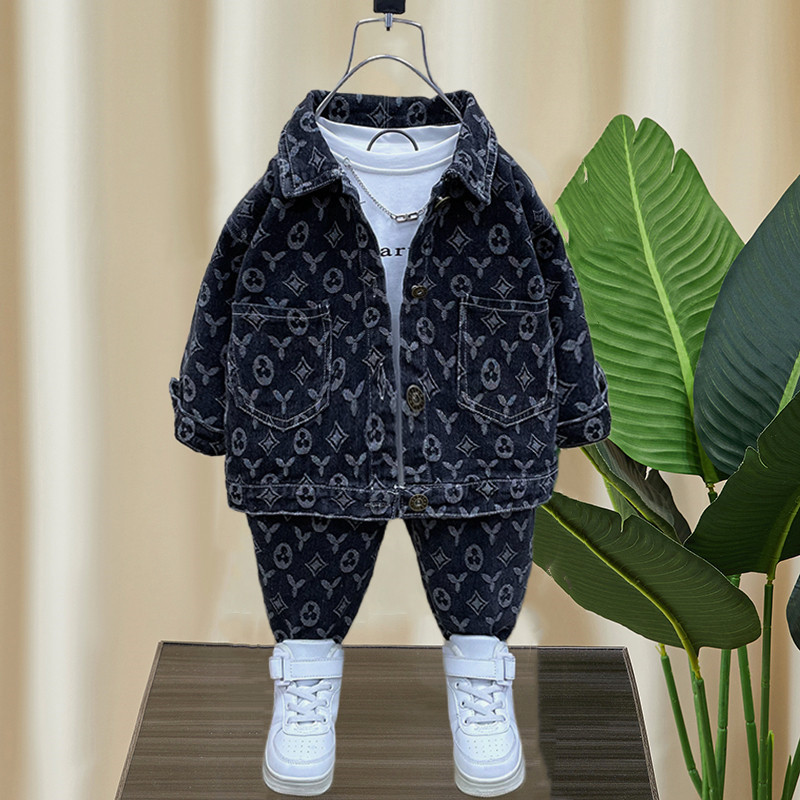 Chic kids Denim Ensemble All Over Patterned Jacket Matching Pants Crisp White Inner Shirt for Little Fashionistas Designer Clothing Sets For Children gift