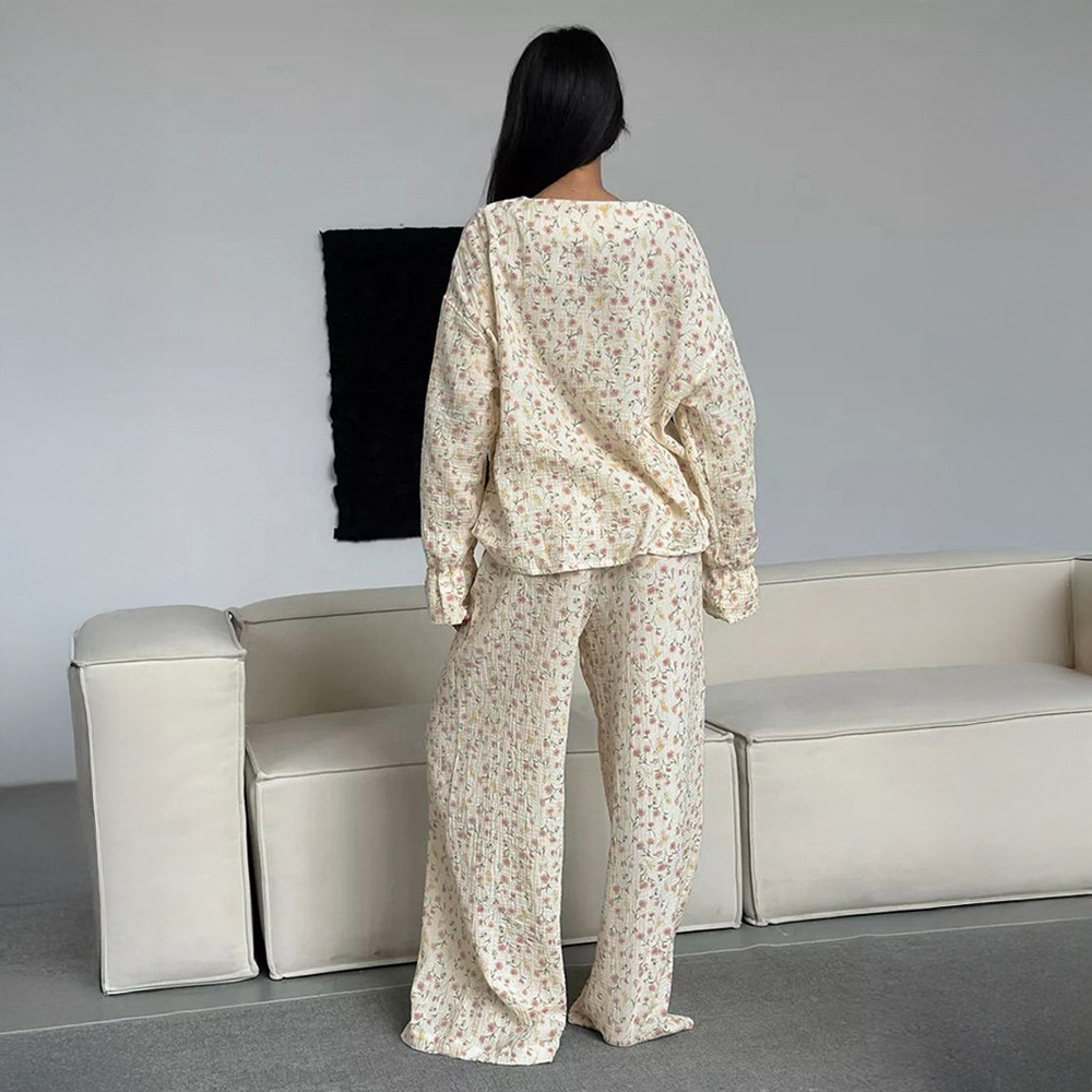 Cotton printed long pants sleepwear set for Europe and America 2025 autumn new cardigan sleepwear, foreign trade home clothes for women
