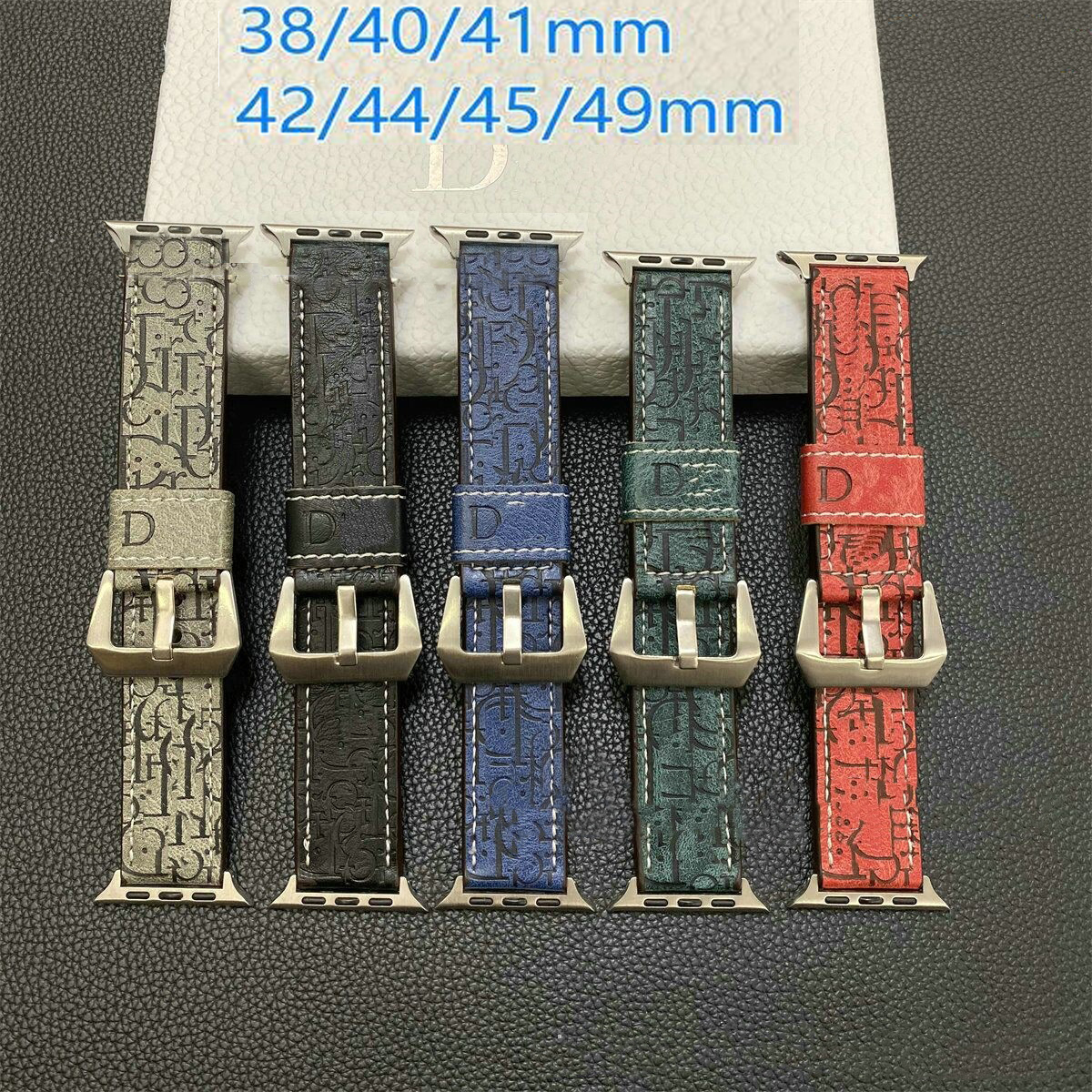 2025 luxury leather brand Apple Watch letter D strap suitable for 38/40/41/42/44/45/46/49mm leather hand sewn material Black/Grey/Blue/Dark Green/Red Classic fashion