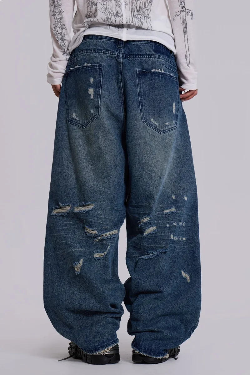 Jaded London Retro Jeans HipHop Hole n Washed Men Y2K Harajuku Gothic Couple Casual Joker Street Wide Trousers 250821